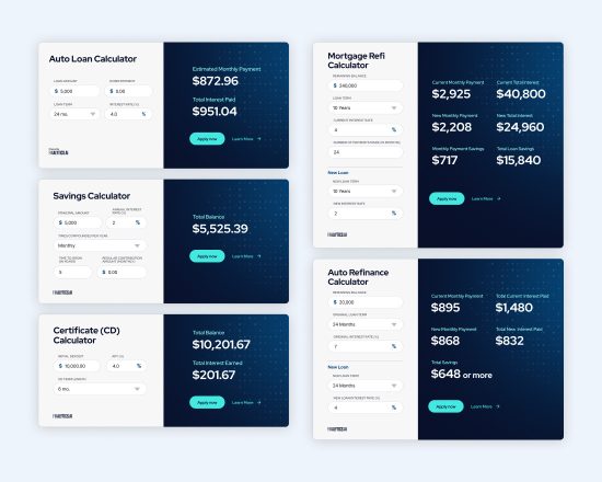 Screenshots of 5 calculators from Finalytics.ai